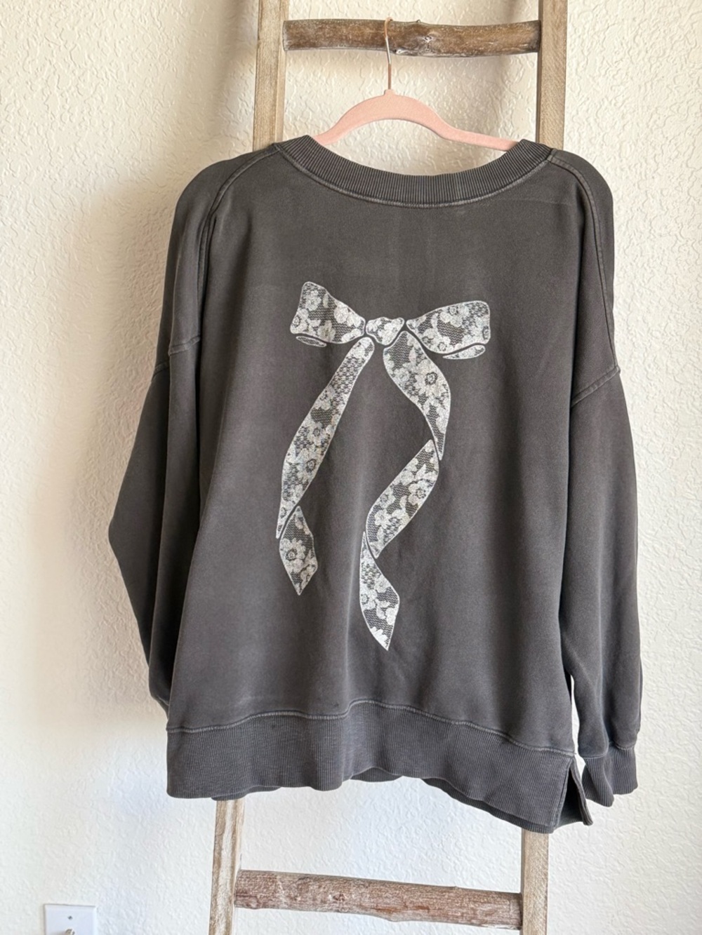 aerie Charcoal Graphic Bow Pullover Sweatshirt